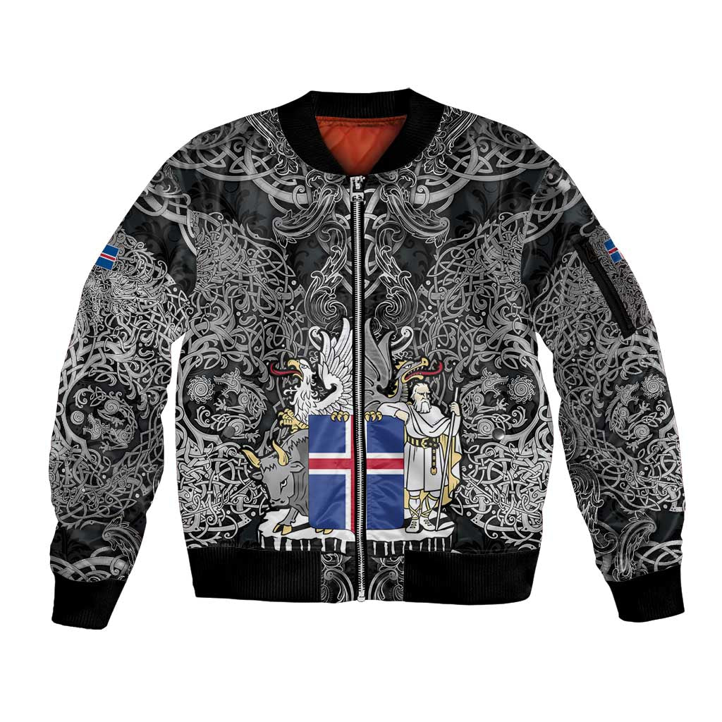 Icelandic Coat of Arms Sleeve Zip Bomber Jacket Viking Knotwork and National Flag Design