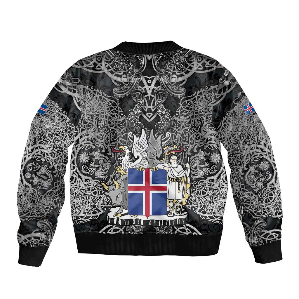Icelandic Coat of Arms Sleeve Zip Bomber Jacket Viking Knotwork and National Flag Design