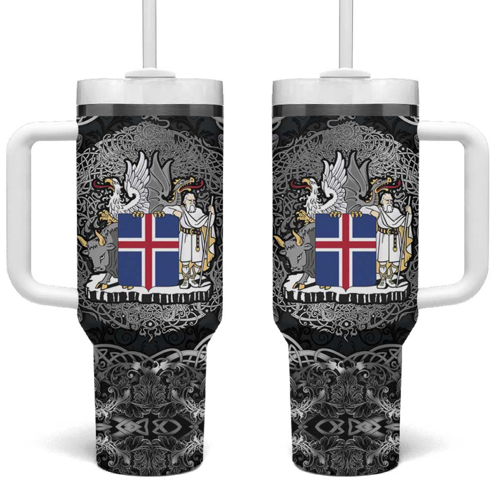 Icelandic Coat of Arms Tumbler With Handle Viking Knotwork and National Flag Design