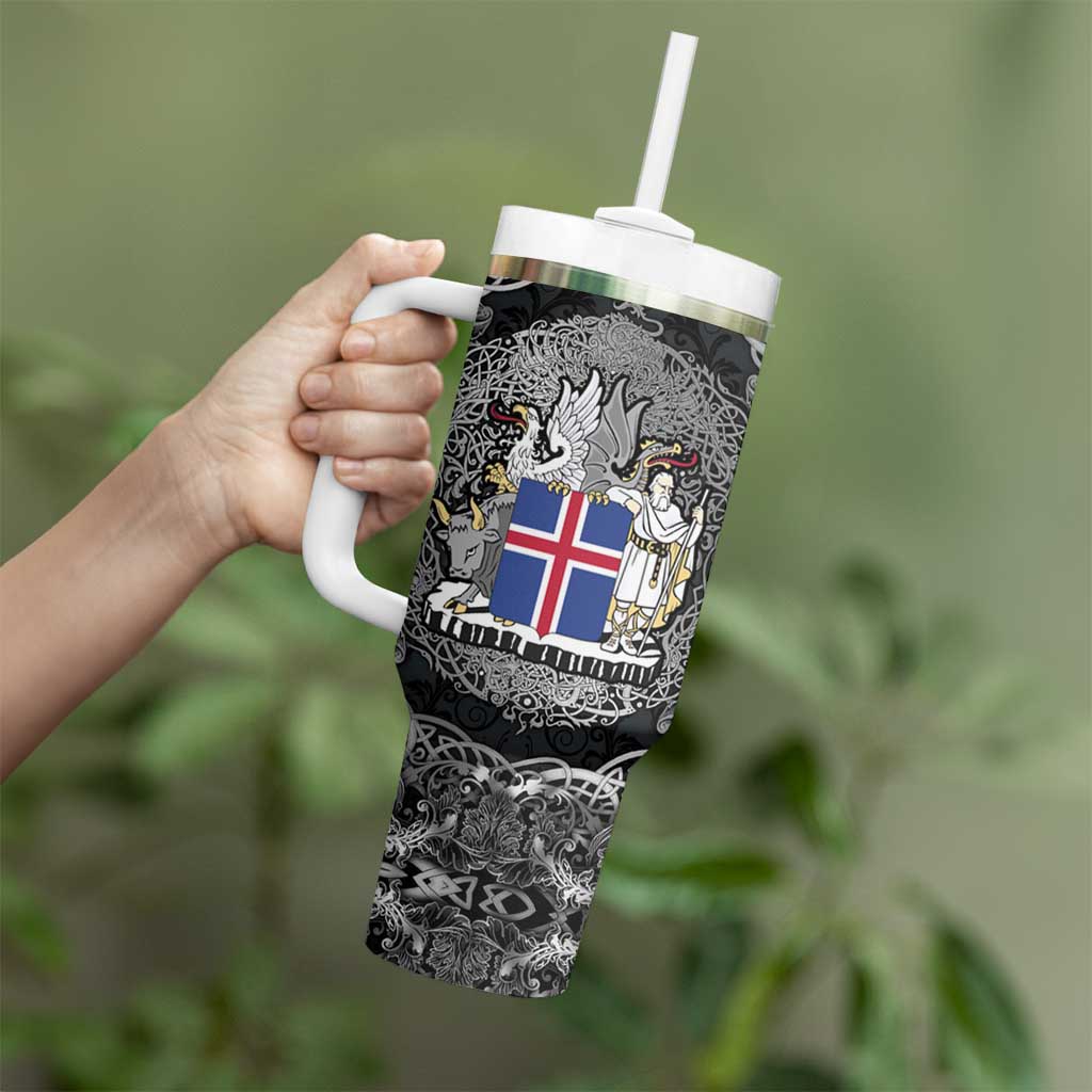 Icelandic Coat of Arms Tumbler With Handle Viking Knotwork and National Flag Design