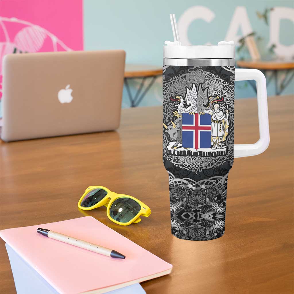 Icelandic Coat of Arms Tumbler With Handle Viking Knotwork and National Flag Design