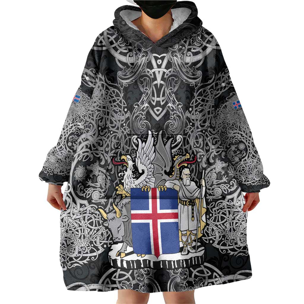 Icelandic Coat of Arms Wearable Blanket Hoodie Viking Knotwork and National Flag Design