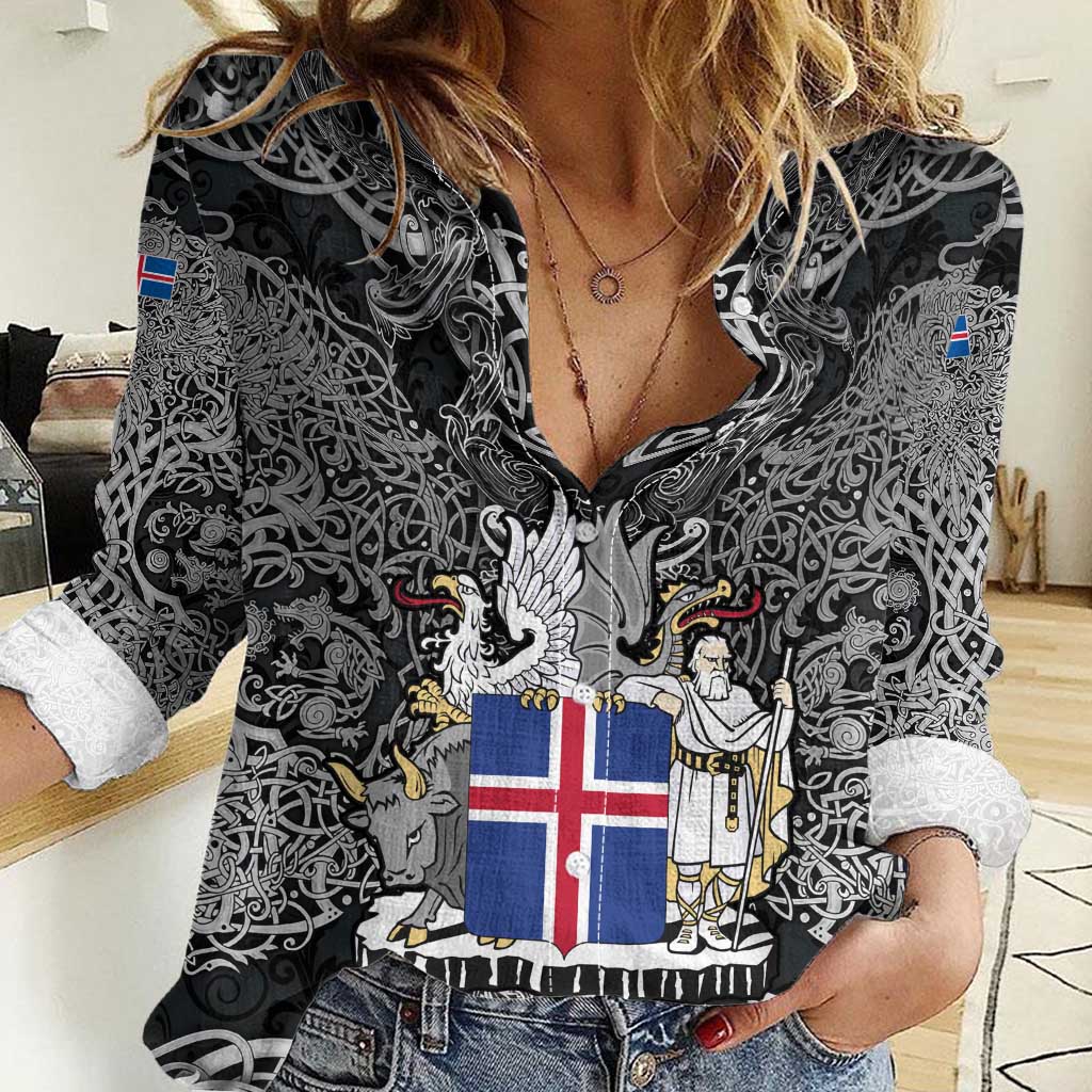 Icelandic Coat of Arms Women Casual Shirt Viking Knotwork and National Flag Design