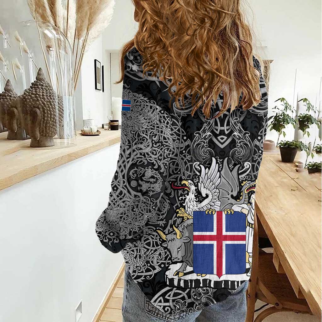 Icelandic Coat of Arms Women Casual Shirt Viking Knotwork and National Flag Design