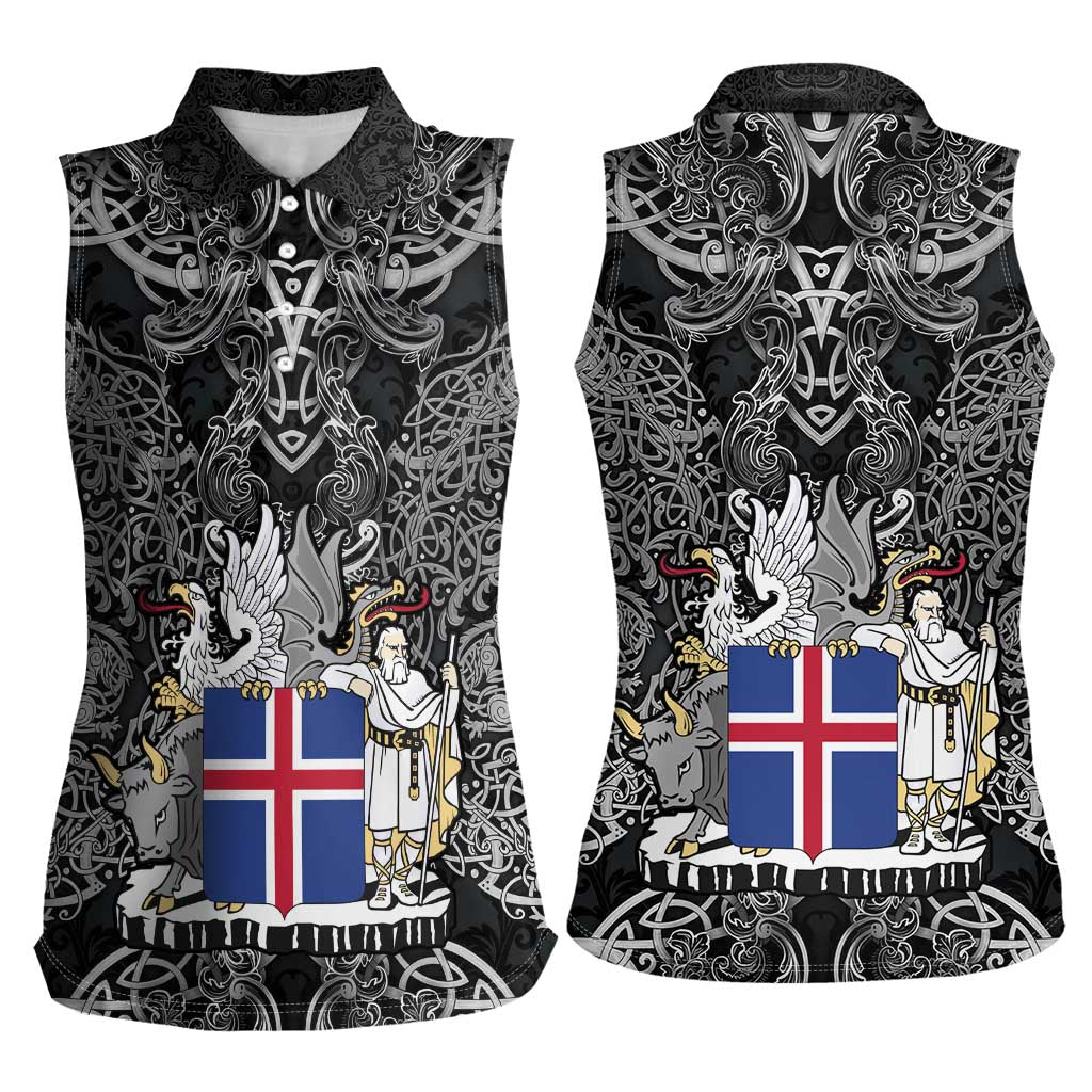 Icelandic Coat of Arms Women Sleeveless Polo Shirt Viking Knotwork and National Flag Design