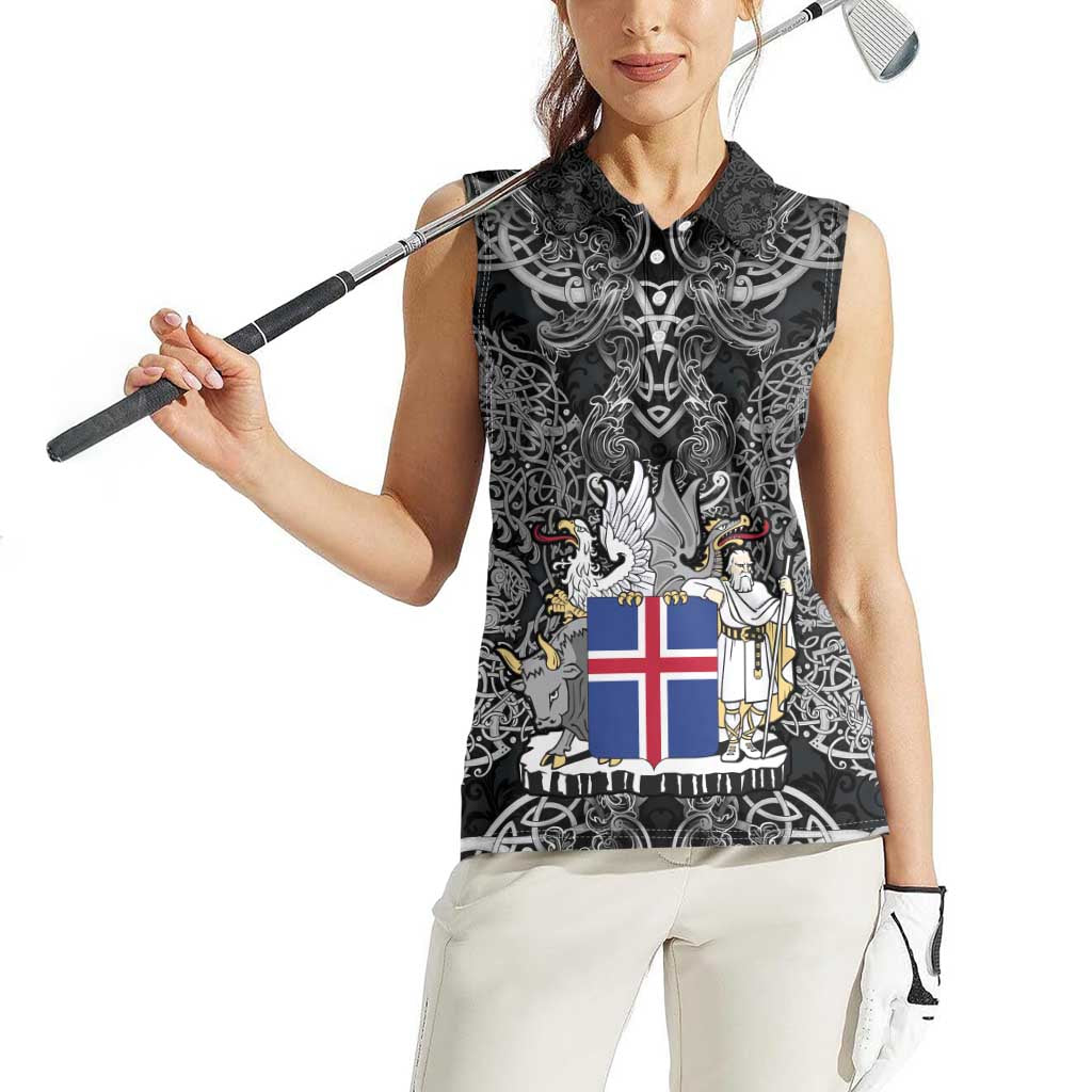 Icelandic Coat of Arms Women Sleeveless Polo Shirt Viking Knotwork and National Flag Design