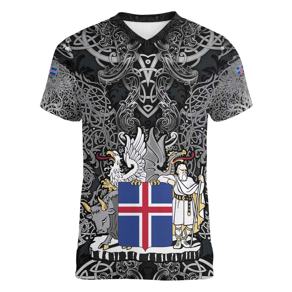 Icelandic Coat of Arms Women V-Neck T-Shirt Viking Knotwork and National Flag Design