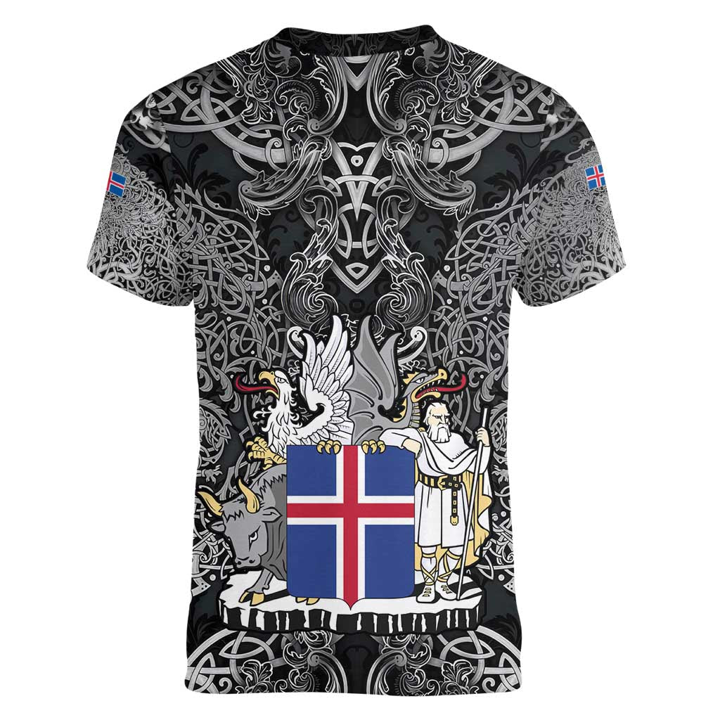 Icelandic Coat of Arms Women V-Neck T-Shirt Viking Knotwork and National Flag Design