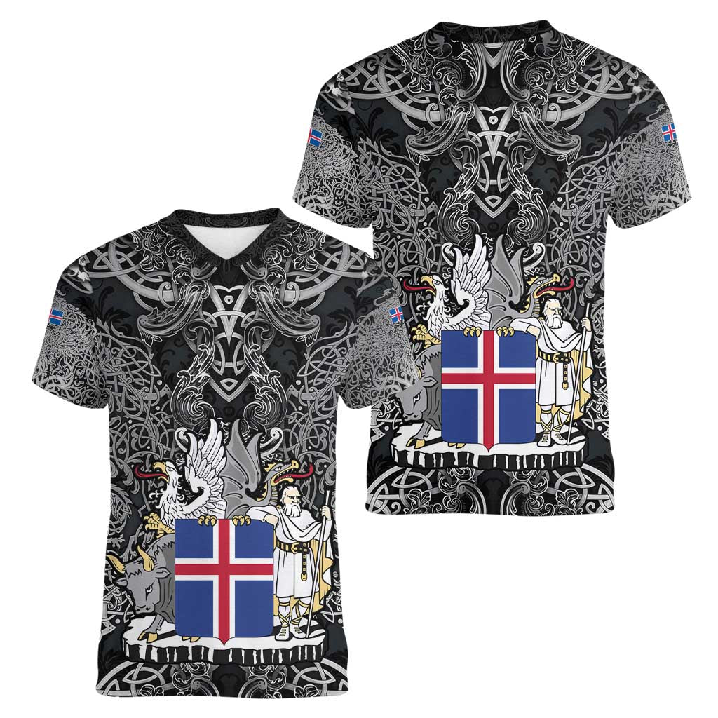 Icelandic Coat of Arms Women V-Neck T-Shirt Viking Knotwork and National Flag Design