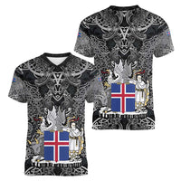 Icelandic Coat of Arms Women V-Neck T-Shirt Viking Knotwork and National Flag Design