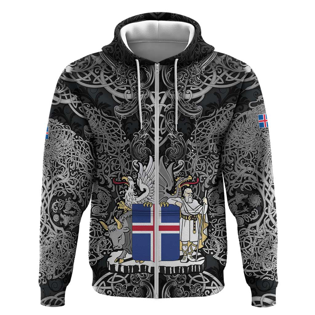 Icelandic Coat of Arms Zip Hoodie Viking Knotwork and National Flag Design