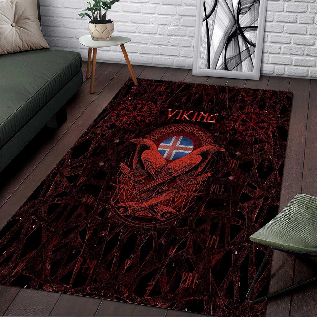 Iceland Vikings Area Rug Norse Runes with Raven and Longship Design Featuring National Flag