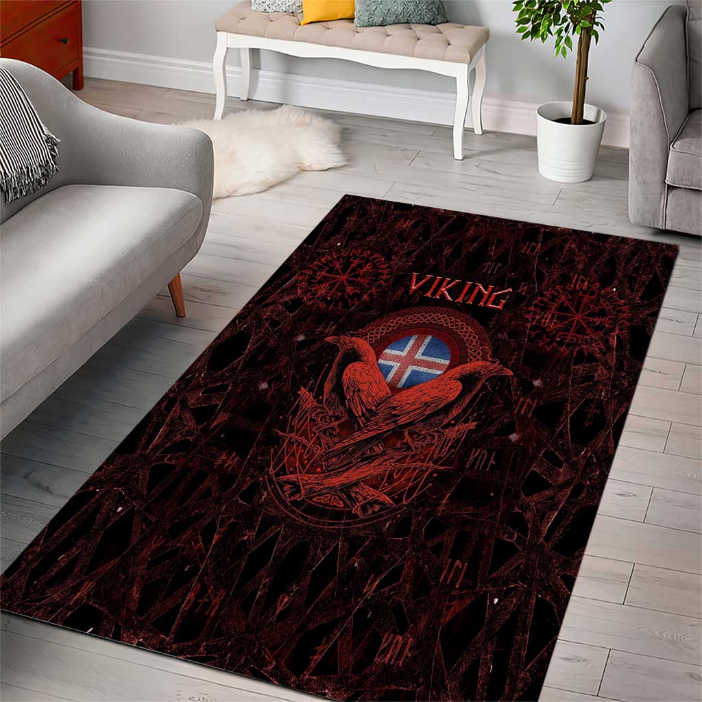 Iceland Vikings Area Rug Norse Runes with Raven and Longship Design Featuring National Flag