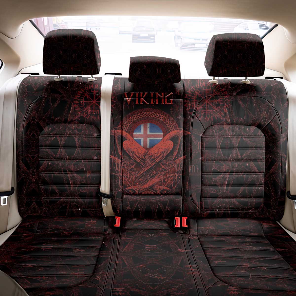 Iceland Vikings Back Car Seat Cover Norse Runes with Raven and Longship Design Featuring National Flag