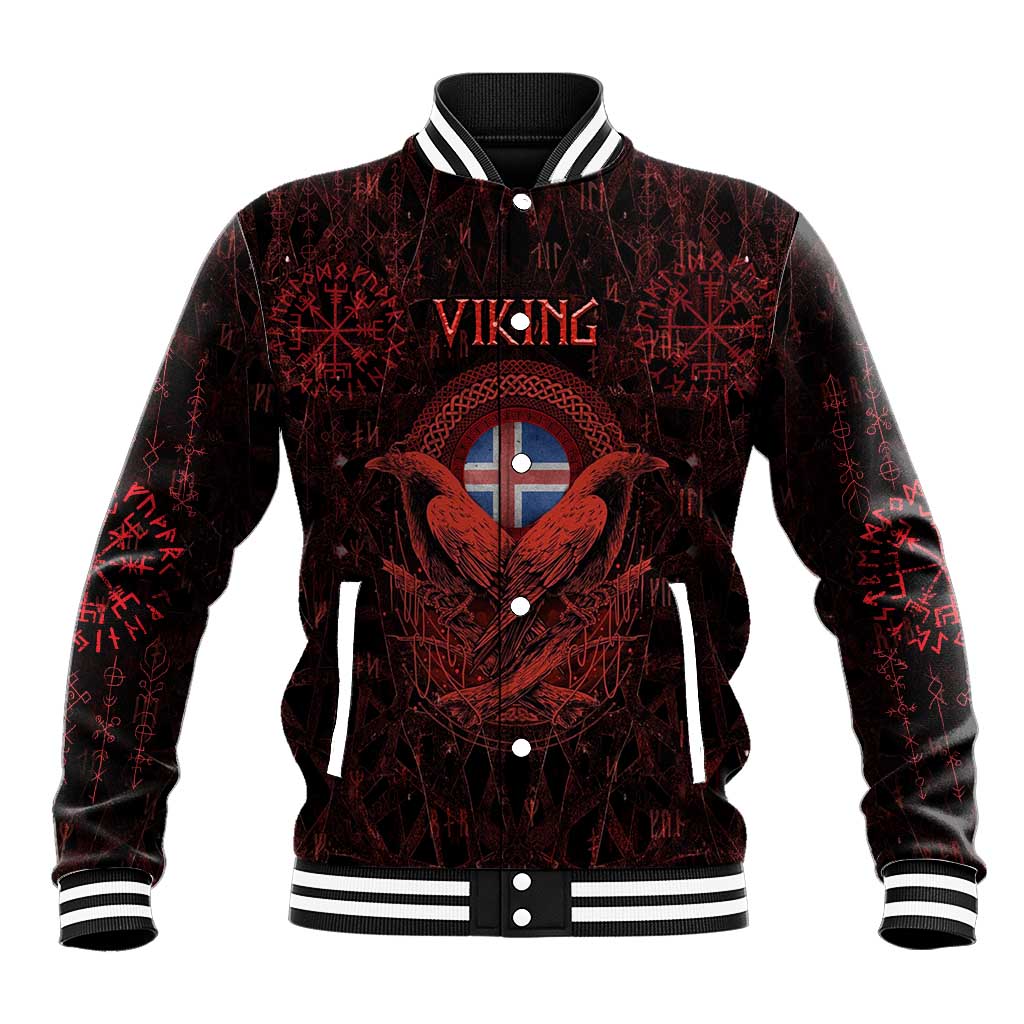 Iceland Vikings Baseball Jacket Norse Runes with Raven and Longship Design Featuring National Flag