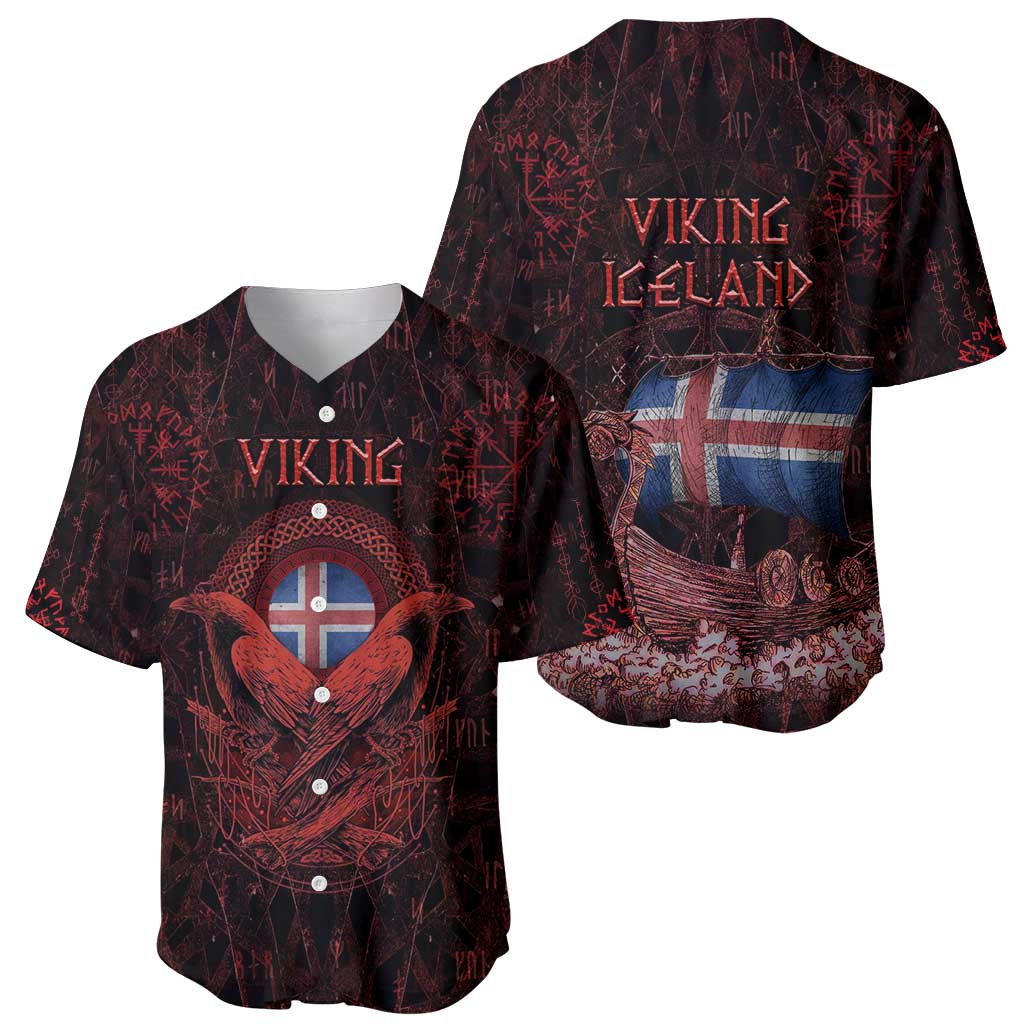 Iceland Vikings Baseball Jersey Norse Runes with Raven and Longship Design Featuring National Flag