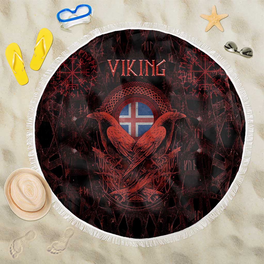 Iceland Vikings Beach Blanket Norse Runes with Raven and Longship Design Featuring National Flag