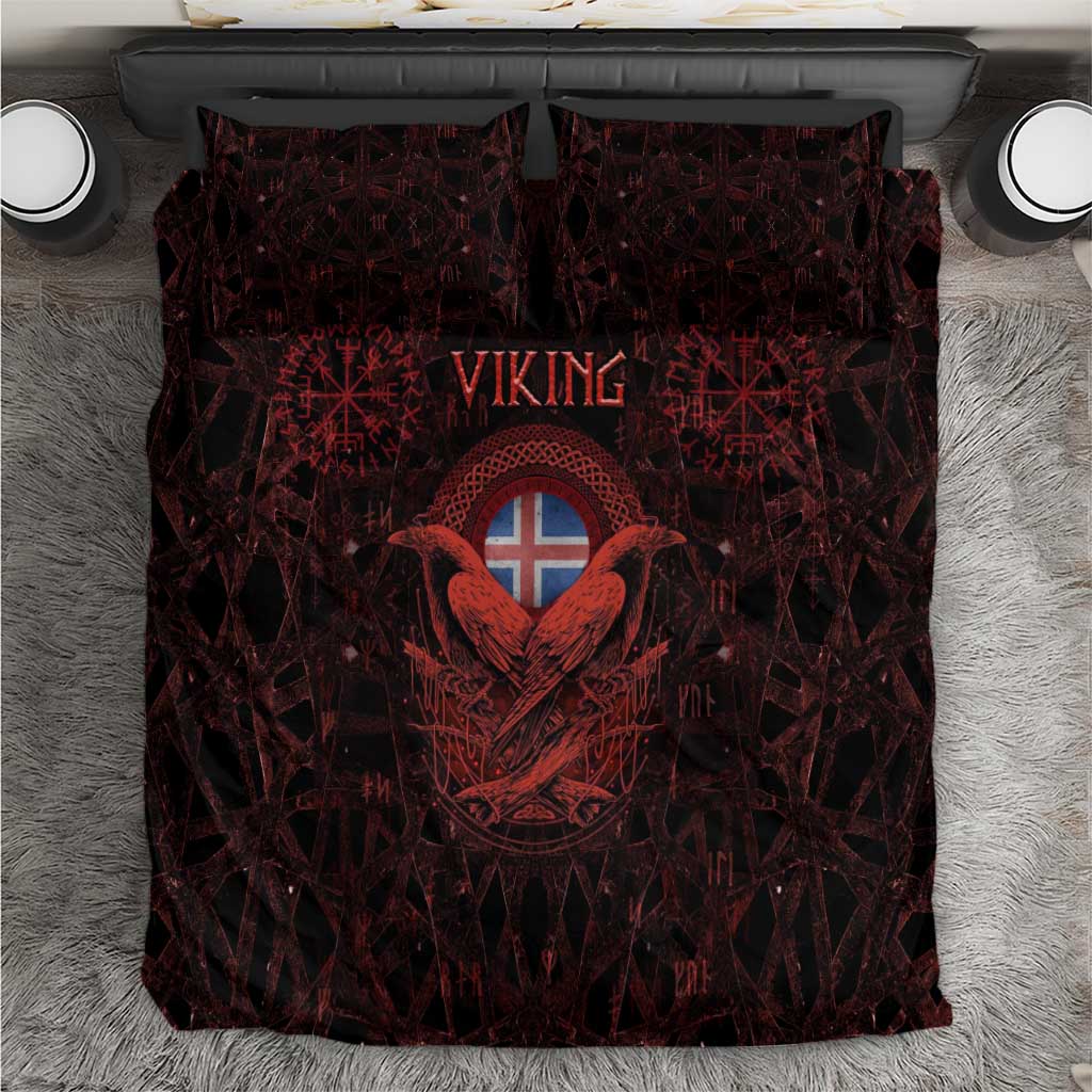 Iceland Vikings Bedding Set Norse Runes with Raven and Longship Design Featuring National Flag