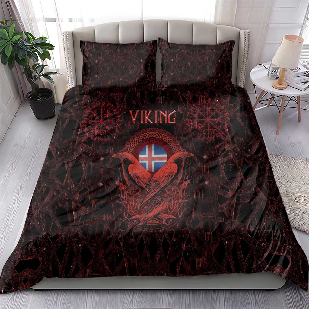 Iceland Vikings Bedding Set Norse Runes with Raven and Longship Design Featuring National Flag