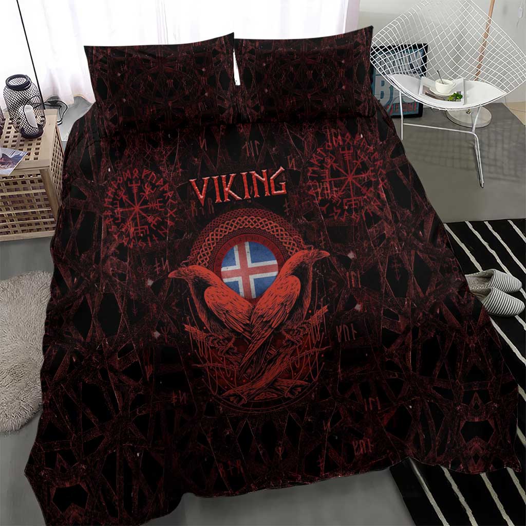 Iceland Vikings Bedding Set Norse Runes with Raven and Longship Design Featuring National Flag