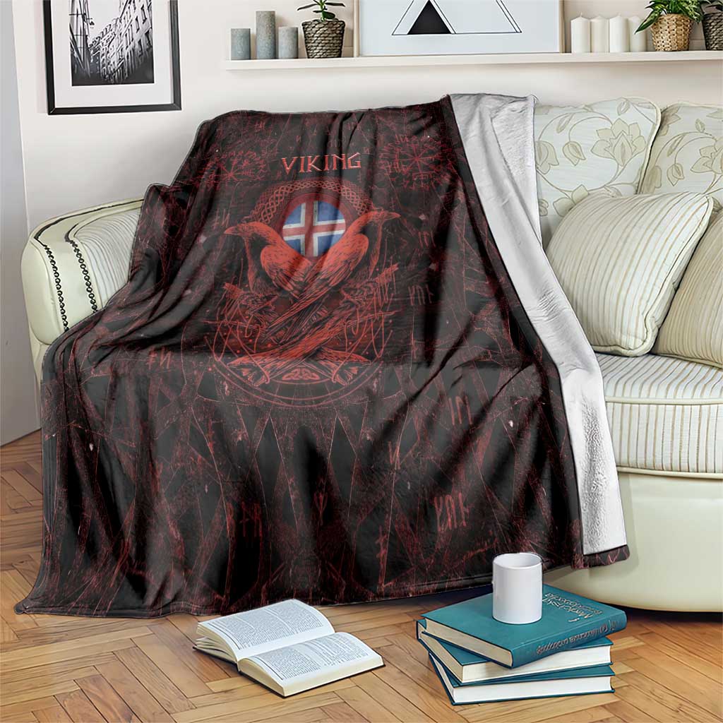 Iceland Vikings Blanket Norse Runes with Raven and Longship Design Featuring National Flag