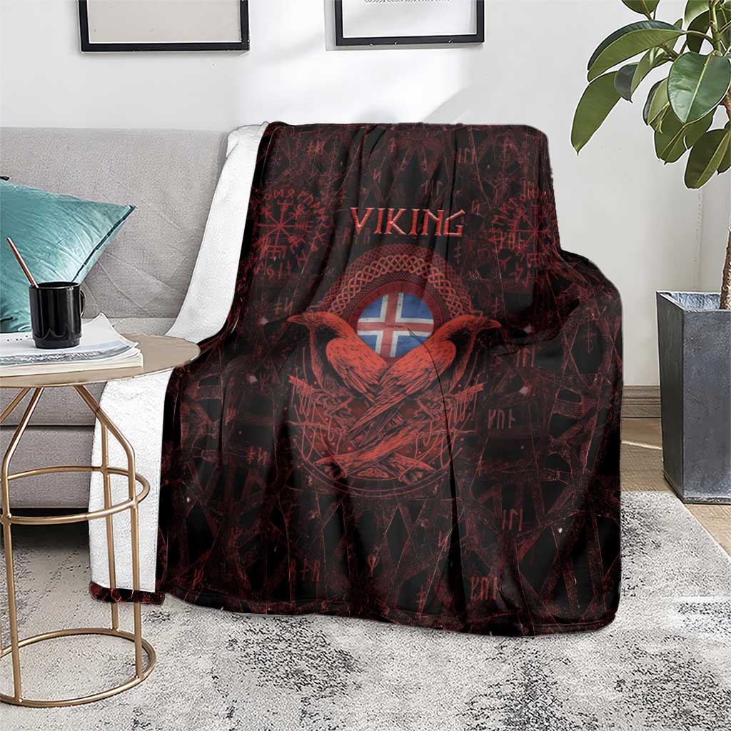 Iceland Vikings Blanket Norse Runes with Raven and Longship Design Featuring National Flag