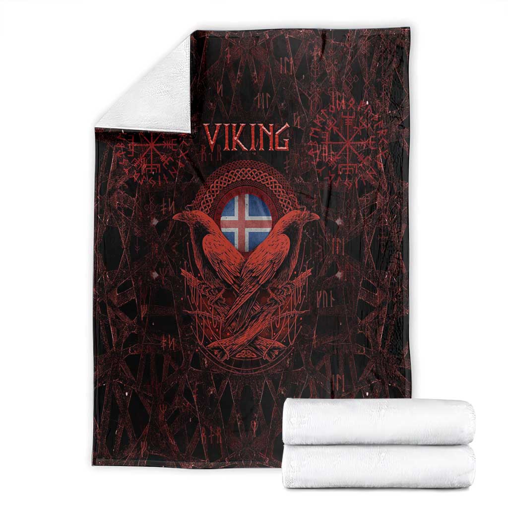 Iceland Vikings Blanket Norse Runes with Raven and Longship Design Featuring National Flag