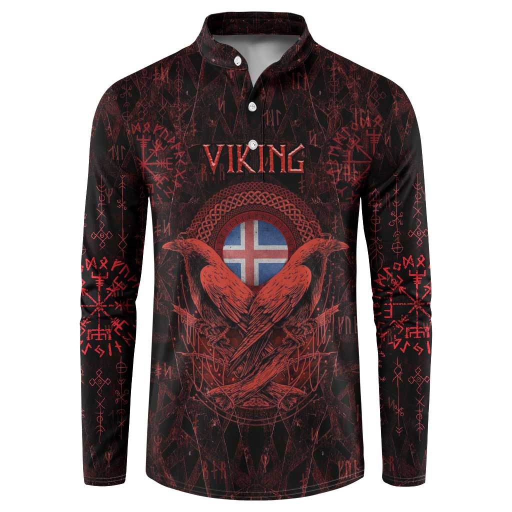 Iceland Vikings Button Sweatshirt Norse Runes with Raven and Longship Design Featuring National Flag