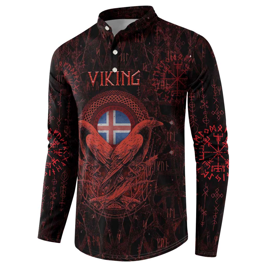 Iceland Vikings Button Sweatshirt Norse Runes with Raven and Longship Design Featuring National Flag
