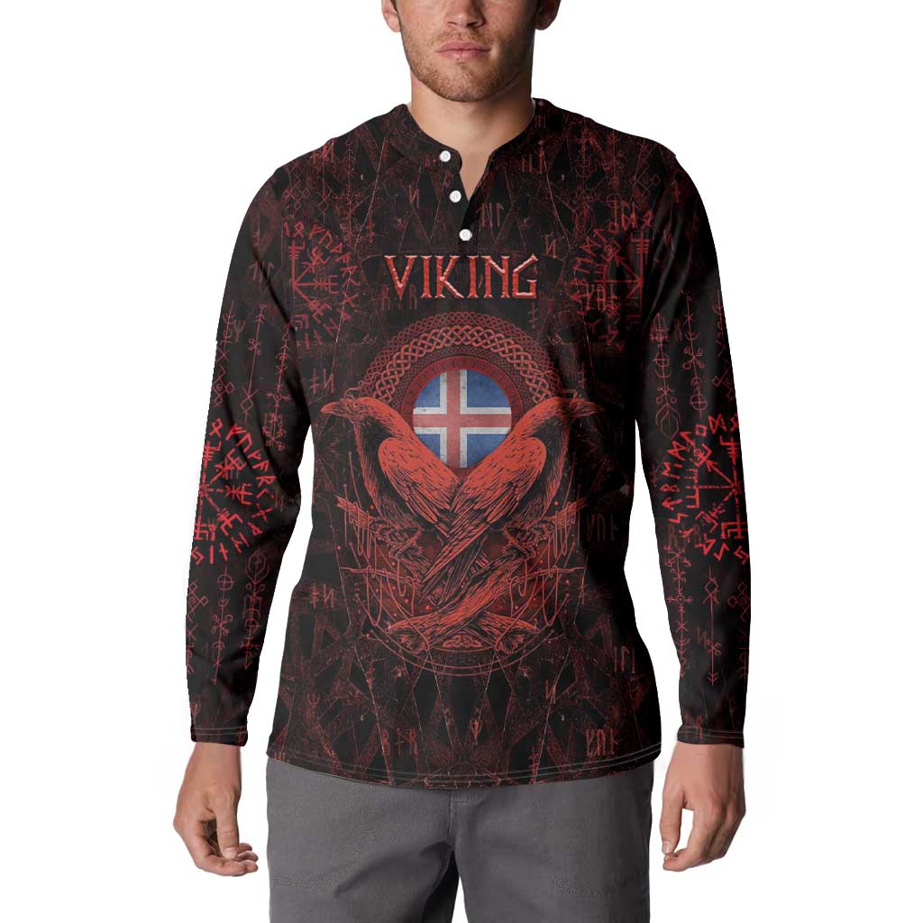 Iceland Vikings Button Sweatshirt Norse Runes with Raven and Longship Design Featuring National Flag