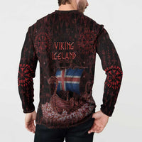 Iceland Vikings Button Sweatshirt Norse Runes with Raven and Longship Design Featuring National Flag