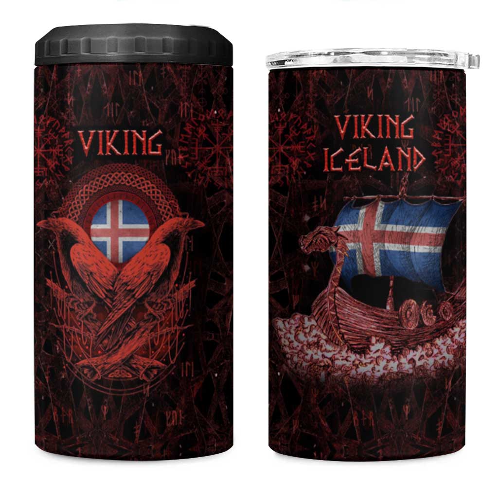 Iceland Vikings 4 in 1 Can Cooler Tumbler Norse Runes with Raven and Longship Design Featuring National Flag