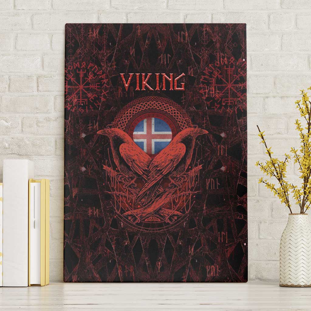 Iceland Vikings Canvas Wall Art Norse Runes with Raven and Longship Design Featuring National Flag
