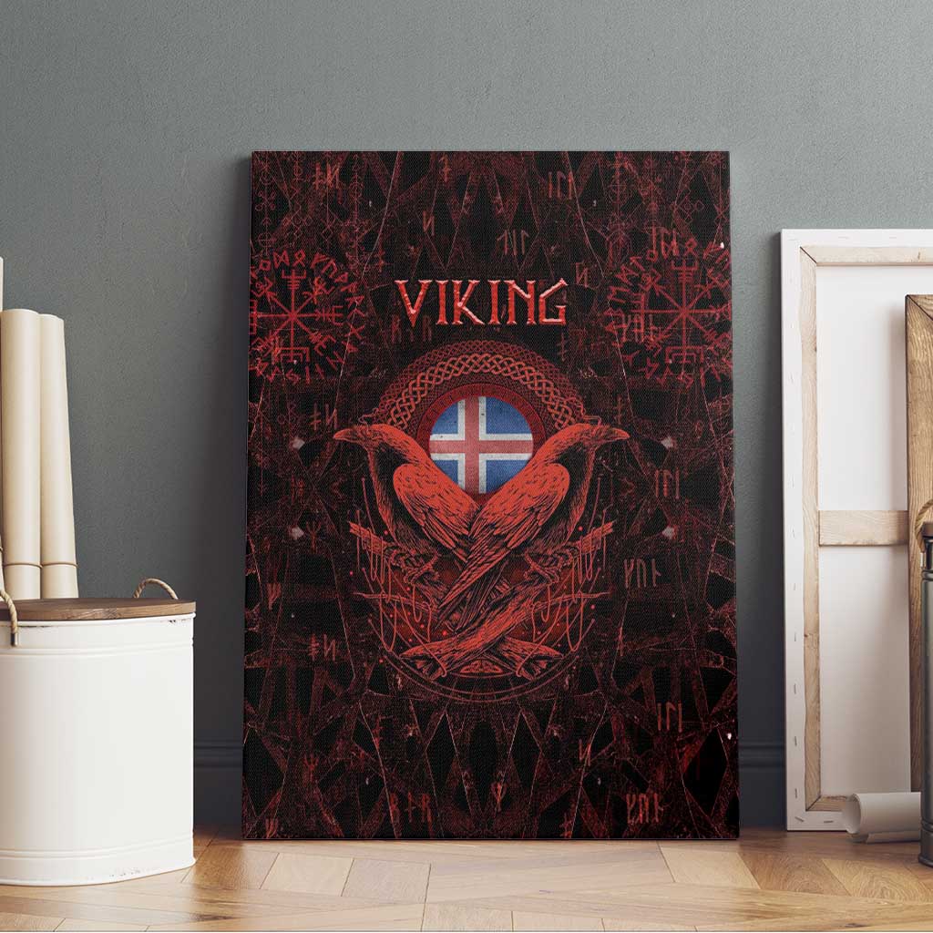 Iceland Vikings Canvas Wall Art Norse Runes with Raven and Longship Design Featuring National Flag