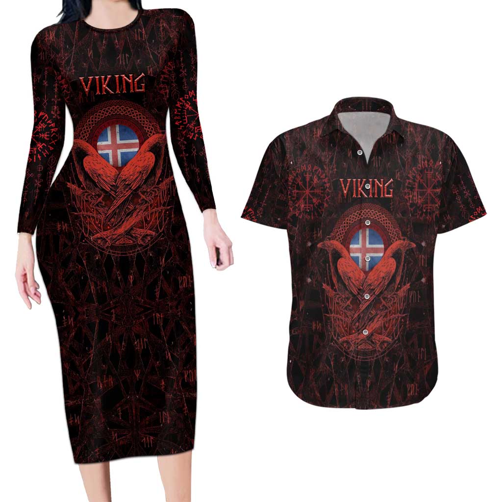 Iceland Vikings Couples Matching Long Sleeve Bodycon Dress and Hawaiian Shirt Norse Runes with Raven and Longship Design Featuring National Flag