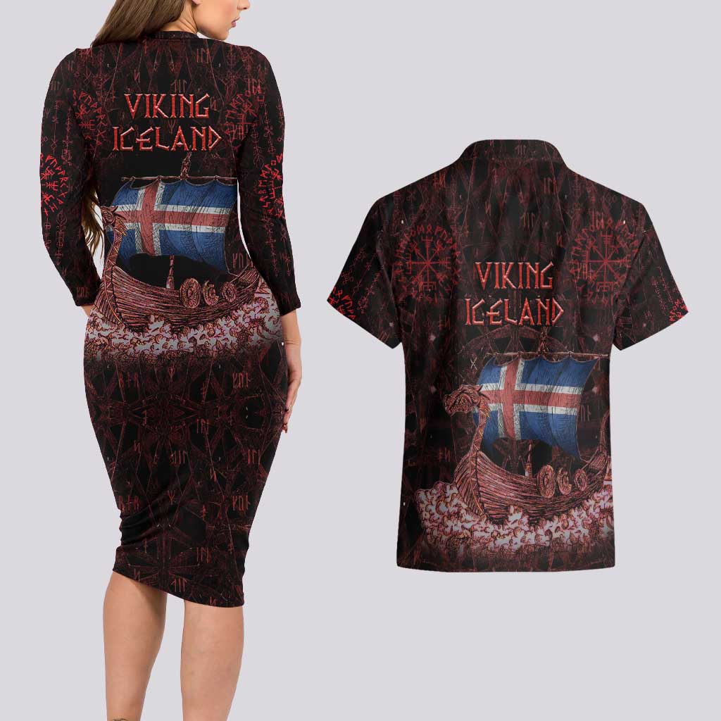 Iceland Vikings Couples Matching Long Sleeve Bodycon Dress and Hawaiian Shirt Norse Runes with Raven and Longship Design Featuring National Flag