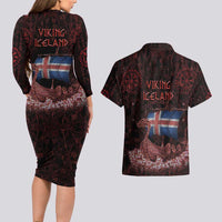 Iceland Vikings Couples Matching Long Sleeve Bodycon Dress and Hawaiian Shirt Norse Runes with Raven and Longship Design Featuring National Flag