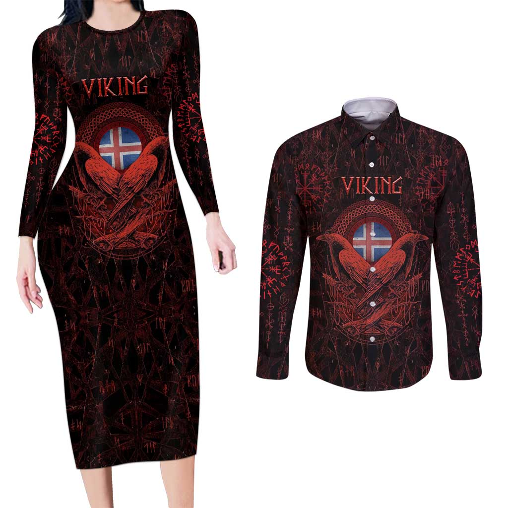 Iceland Vikings Couples Matching Long Sleeve Bodycon Dress and Long Sleeve Button Shirt Norse Runes with Raven and Longship Design Featuring National Flag