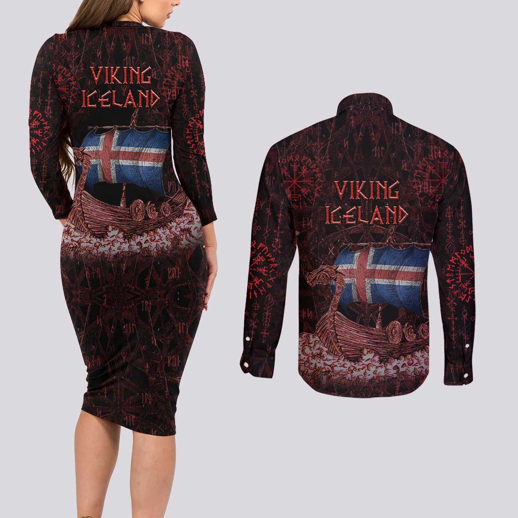 Iceland Vikings Couples Matching Long Sleeve Bodycon Dress and Long Sleeve Button Shirt Norse Runes with Raven and Longship Design Featuring National Flag