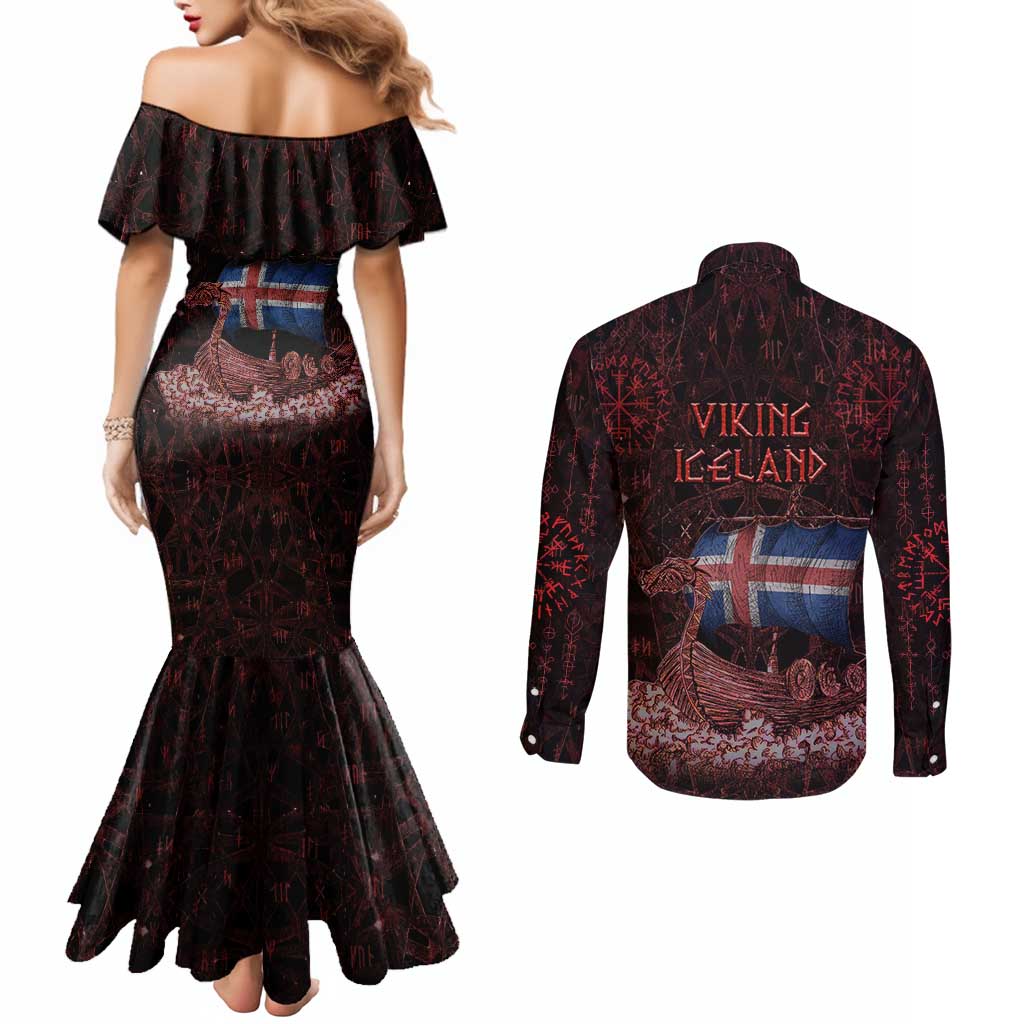 Iceland Vikings Couples Matching Mermaid Dress and Long Sleeve Button Shirt Norse Runes with Raven and Longship Design Featuring National Flag