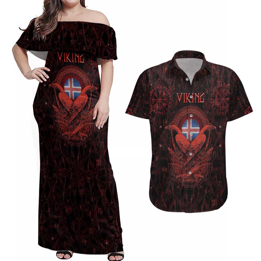 Iceland Vikings Couples Matching Off Shoulder Maxi Dress and Hawaiian Shirt Norse Runes with Raven and Longship Design Featuring National Flag