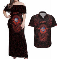 Iceland Vikings Couples Matching Off Shoulder Maxi Dress and Hawaiian Shirt Norse Runes with Raven and Longship Design Featuring National Flag