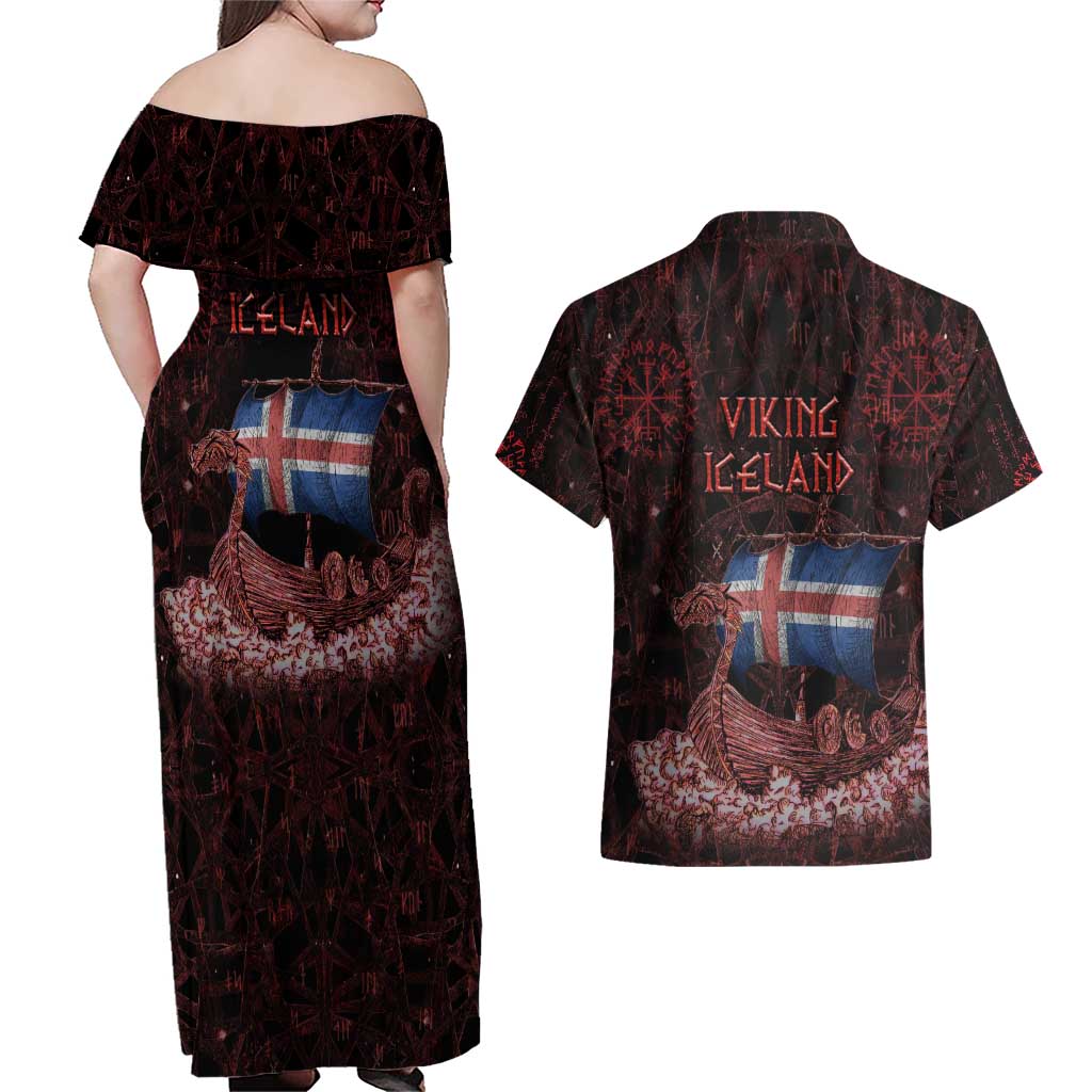 Iceland Vikings Couples Matching Off Shoulder Maxi Dress and Hawaiian Shirt Norse Runes with Raven and Longship Design Featuring National Flag
