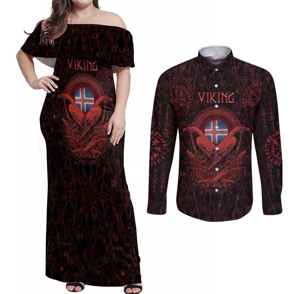 Iceland Vikings Couples Matching Off Shoulder Maxi Dress and Long Sleeve Button Shirt Norse Runes with Raven and Longship Design Featuring National Flag