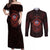 Iceland Vikings Couples Matching Off Shoulder Maxi Dress and Long Sleeve Button Shirt Norse Runes with Raven and Longship Design Featuring National Flag