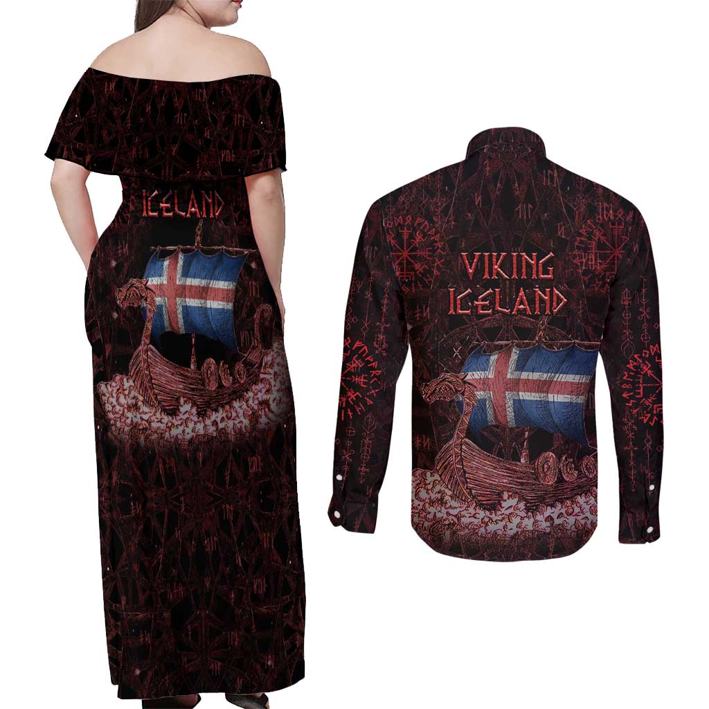 Iceland Vikings Couples Matching Off Shoulder Maxi Dress and Long Sleeve Button Shirt Norse Runes with Raven and Longship Design Featuring National Flag