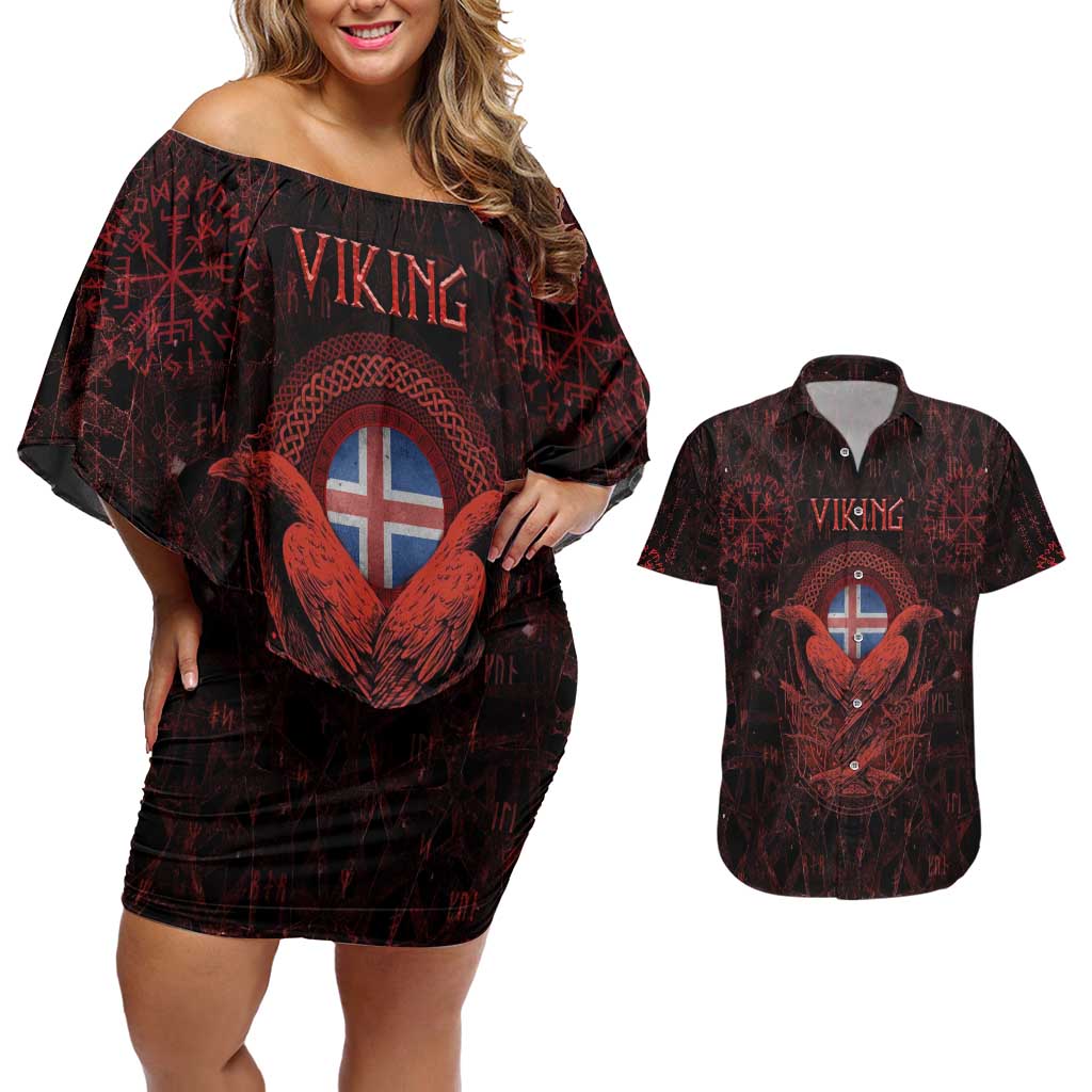 Iceland Vikings Couples Matching Off Shoulder Short Dress and Hawaiian Shirt Norse Runes with Raven and Longship Design Featuring National Flag