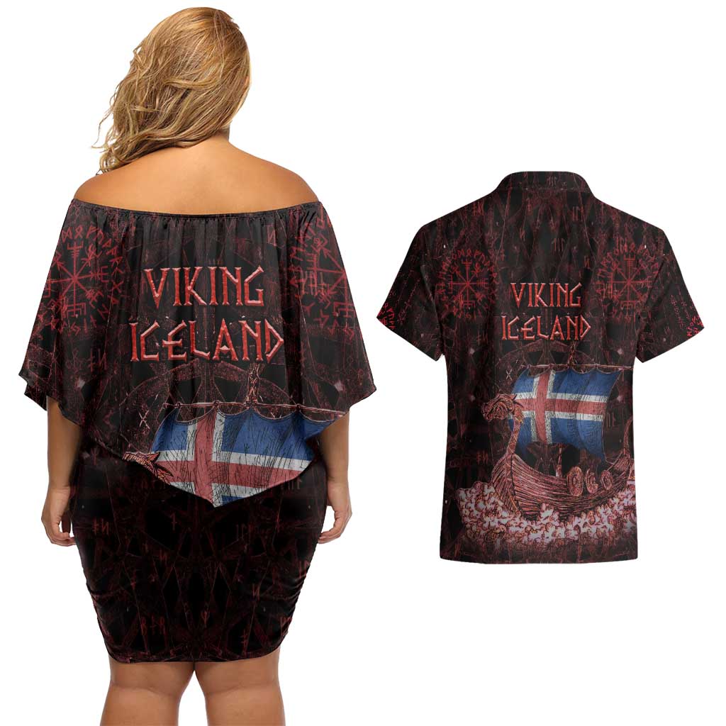 Iceland Vikings Couples Matching Off Shoulder Short Dress and Hawaiian Shirt Norse Runes with Raven and Longship Design Featuring National Flag