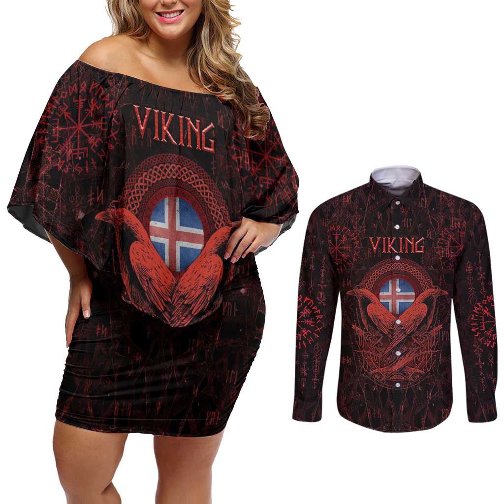 Iceland Vikings Couples Matching Off Shoulder Short Dress and Long Sleeve Button Shirt Norse Runes with Raven and Longship Design Featuring National Flag