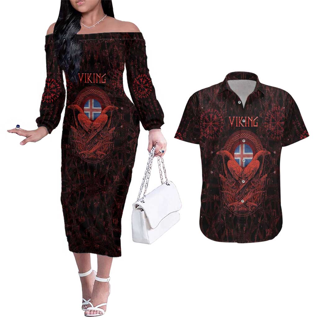 Iceland Vikings Couples Matching Off The Shoulder Long Sleeve Dress and Hawaiian Shirt Norse Runes with Raven and Longship Design Featuring National Flag